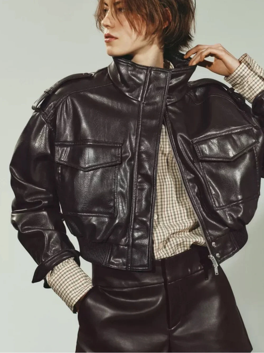 Zara Faux Leather Cargo Pocket Cropped Bomber Jacket size large - Picture 2 of 12